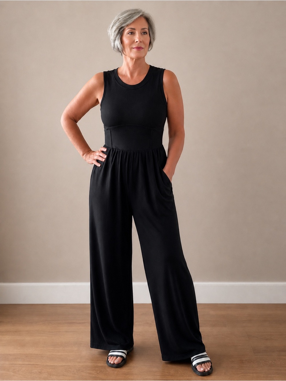 Black Athleisure Wide Leg Jumpsuit Ribbed Sleeveless Stretch Waist Flowy Pants M